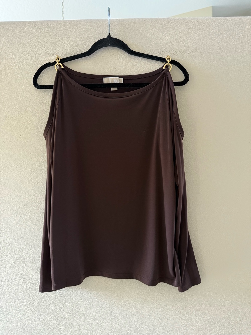 Michael Kors Women’s Brown Cold-Shoulder Long Sleeve Top with Gold Chain Straps
